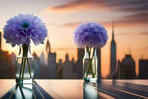 zwei Vasen mit lila Blumen auf ein Tabelle mit Stadt Horizont im das Hintergrund. KI-generiert foto