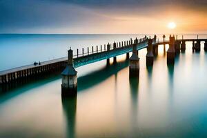 lange Exposition von ein Seebrücke beim Sonnenuntergang. KI-generiert foto