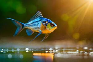 ein Fisch ist fliegend Über Wasser mit Sonnenlicht leuchtenden. KI-generiert foto