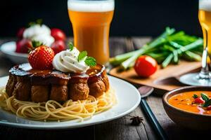 ein Teller von Spaghetti mit ein Erdbeere und ein Bier. KI-generiert foto