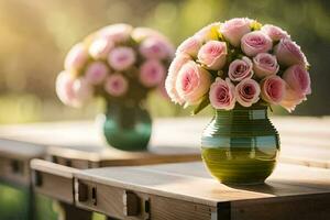 Rosa Rosen im ein Grün Vase auf ein hölzern Tisch. KI-generiert foto