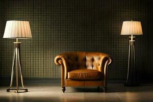 ein Leder Stuhl und Lampe im ein Zimmer. KI-generiert foto