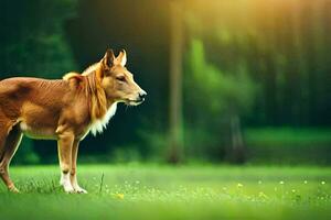 ein braun Hund ist Stehen im das Gras. KI-generiert foto