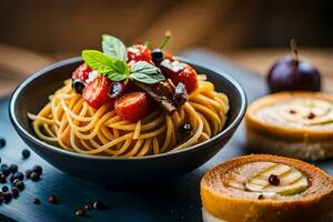 Spaghetti mit Tomaten und Basilikum auf ein schwarz Platte. KI-generiert foto