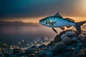 ein Fisch ist Stehen auf das Felsen beim Sonnenuntergang. KI-generiert foto