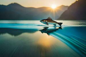 ein Fisch ist Schwimmen im das Wasser beim Sonnenuntergang. KI-generiert foto