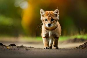 ein klein Katze Gehen auf ein Schmutz Straße. KI-generiert foto