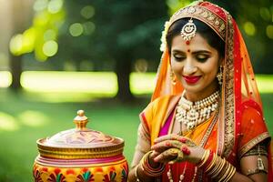 ein schön indisch Braut im traditionell Kleidung halten ein Topf. KI-generiert foto