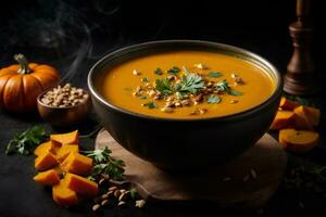 Kürbis und Karotte Sahne Suppe auf dunkel Hintergrund. kommerziell Werbung Essen Foto. ai generativ foto