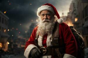 Santa claus gegen das Hintergrund von zerstören Stadt. Weihnachten und Neu Jahr Ferien im ein Land wo Dort ist Krieg. ai generativ foto