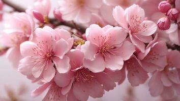 Sakura Blume. Kirsche blühen schließen hoch. Frühling Blumen- Hintergrund. ai generativ foto