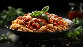lecker Pasta mit Tomate Soße, Parmesan und Basilikum Blätter im schwarz Teller auf dunkel Hintergrund. Italienisch Gericht. ai generativ foto
