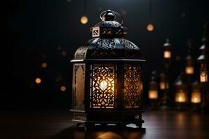 dekorativ Arabisch Laterne mit Verbrennung Kerze Innerhalb auf dunkel Hintergrund. festlich Gruß Karte, Einladung zum Muslim heilig Monat Ramadan karem. ai generativ foto