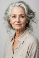 schön Senior Frau mit grau Haar isoliert auf grau Hintergrund. gesund Gesicht Haut Pflege Schönheit, Hautpflege Kosmetika. ai generativ foto