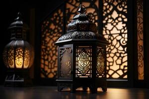 dekorativ Arabisch Laternen mit Verbrennung Kerzen Innerhalb auf dunkel Hintergrund. festlich Gruß Karte, Einladung zum Muslim heilig Monat Ramadan karem. ai generativ foto