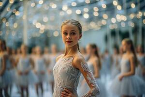 Ballerinas anmutig üben ihr kompliziert Schneeflocke Choreographie während Probe foto