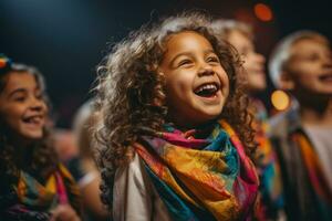 Kinder von vielfältig Hintergründe Vereinigung auf Bühne zu fördern Inklusivität und feiern Vielfalt foto