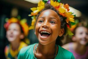 ein Theater Sommer- Lager wo Kinder tauchen sich im das Welt von Schauspielkunst Singen und Tanzen foto