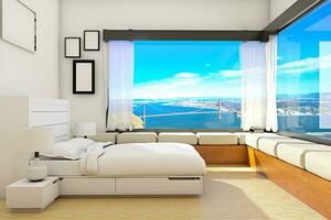 3d Rendern Innere Design von minimal Schlafzimmer und Meer Aussicht foto