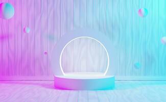 Neon- Licht mit Podium Weiß 3d und minimal Weiß Holz Mauer Szene.minimal Konzept Podium Hintergrund 3d Wiedergabe. abstrakt geometrisch gestalten grau. Bühne zum Auszeichnungen auf Weiß modern Illustration. foto