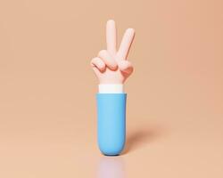 Frieden Hand Symbol, Sieg Zeichen Geste, zwei Finger Hand isoliert auf Weiß Hintergrund, 3d Wiedergabe. minimal Mode, Karikatur Körper Teil, Rosa Blau Pastell- Farben Hände Gesten 3d Karikatur komisch foto