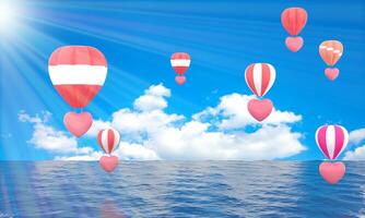 bunt heiß Luft Luftballons Herz steigend über heiter das Ozean Seelandschaft mit Blau Himmel Hintergrund. schön Sonne Licht heiß Luft Ballon Über das Meer und Weiß Wolken. 3d Wiedergabe. Illustration Digital foto