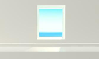 Szene zum Produkt neben Terrasse modern minimal und Luxus, Meer Aussicht im Fenster beim Urlaub. 3d Rendern Illustration Tourist Erholungsort. Urlaub Sommer- Jahreszeit Fantasie und Wirklichkeit in traumhaft Räume foto