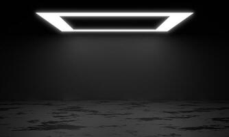 Neonweißlicht mit quadratischem Rahmen für Produkthintergrundbühne oder Podiumssockel auf Grunge-Straßenboden mit Glühscheinwerfer und leerer Ausstellungsplattform. 3D-Rendering. foto