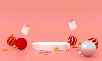 3d Rendern Produkt Anzeige steht oder Bühne, Ball und Sterne Modell- auf Pastell- Rosa Hintergrund. Luxus Weihnachten Verkauf Szene. glücklich Neu Jahr Szene zum Produkt Anzeige Präsentation. Papier Tasche auf Verkauf foto