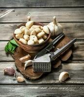 Nelken von frisch Knoblauch auf ein Schneiden Tafel mit ein Knoblauch Drücken Sie. foto