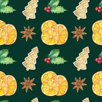 Aquarell Winter Muster mit Stechpalme, Ingwer brot, Anis und getrocknet Orangen auf das dunkel Grün Hintergrund. Weihnachten Verpackung Papier. foto