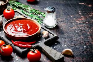 Tomate Soße auf ein Schneiden Tafel mit rot Pfeffer, Knoblauch und Rosmarin. foto