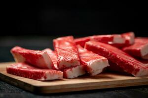 Krabbe Fleisch auf ein hölzern Schneiden Tafel. foto