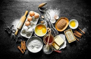 Backen Hintergrund. Zutaten zum Herstellung Kekse beim heim. foto