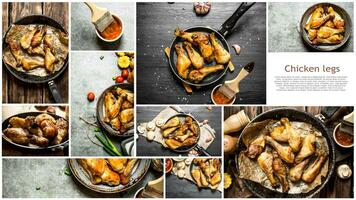 Essen Collage von gebraten Hähnchen Beine . foto