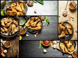 Essen Collage von gebraten Hähnchen Beine . foto