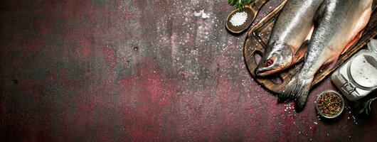 frisch Forelle mit Salz- und Gewürze. auf rustikal Hintergrund. foto