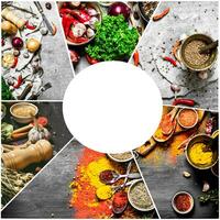 Essen Collage von indisch würzen und Kraut. foto