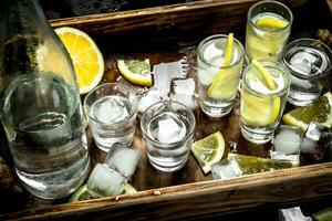 Wodka mit Zitrone und Eis auf ein hölzern Tablett. foto