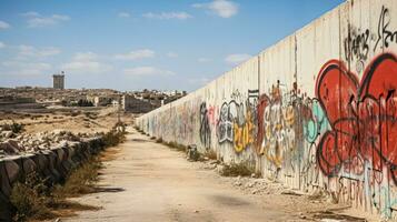 grobkörnig Graffiti beim Bethlehems Barriere Mauer andeutend beim bitte zum Frieden foto