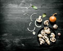 geschnitten Pilze und Zwiebeln mit Gewürze. foto