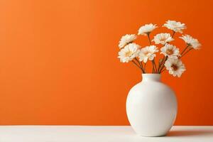 Weiß Blumen präsentiert im ein Weiß Vase neben ein Bereich zum Kopieren Raum einstellen gegen ein Orange Hintergrund. ai generiert foto