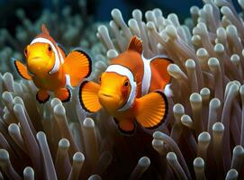 zwei Clownfisch Schwimmen im ein Anemone. Symbiose. ai generiert foto