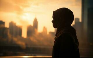 Silhouette von ein Muslim Frau suchen beim das Stadt. ai generiert foto