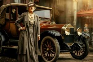 charmant amerikanisch alt Frau Auto 1920 Jahr. generieren ai foto