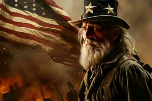 historisch amerikanisch Militär- Mann oben Hut Flagge USA. generieren ai foto