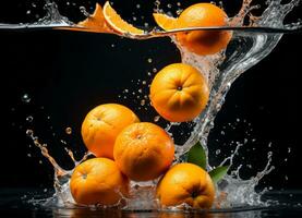 Orange Früchte fallen im das Wasser spritzt ai generativ foto