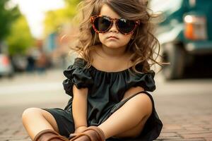modisch wenig glamourös Mädchen im schwarz Sommer- Kleid und Sonnenbrille Sitzung außerhalb.generativ ai foto