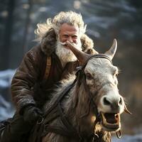 Santa claus mit grau Bart auf zu Pferd. Urlaub Karte.generativ ai foto