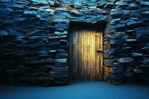 kreativ Bild alt hölzern Tür auf Jahrgang Mauer Hintergrund im Blau Neon- Farbgenerativ ai foto